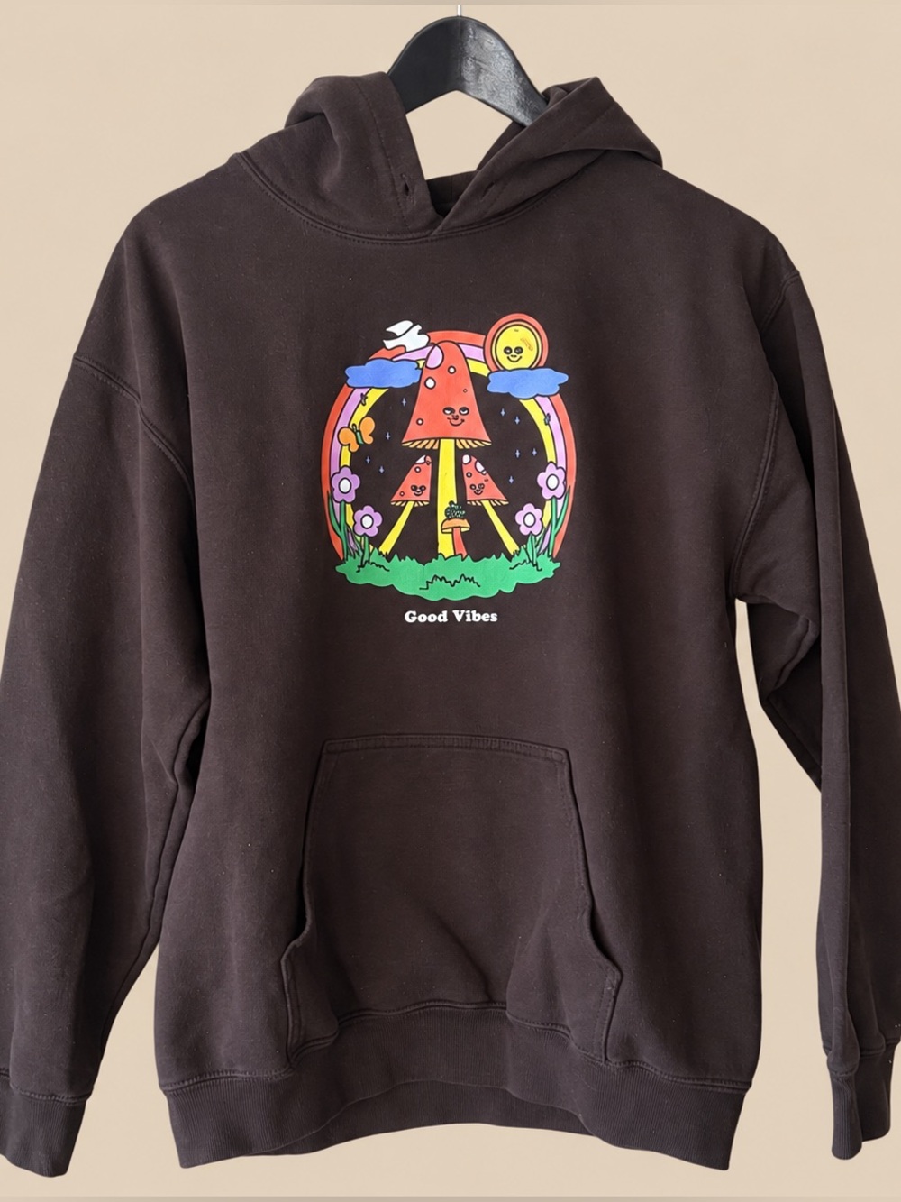 Goblincore Indie Brown Good Vibes Trippy Mushroom Graphic Pocket Hoodie M
